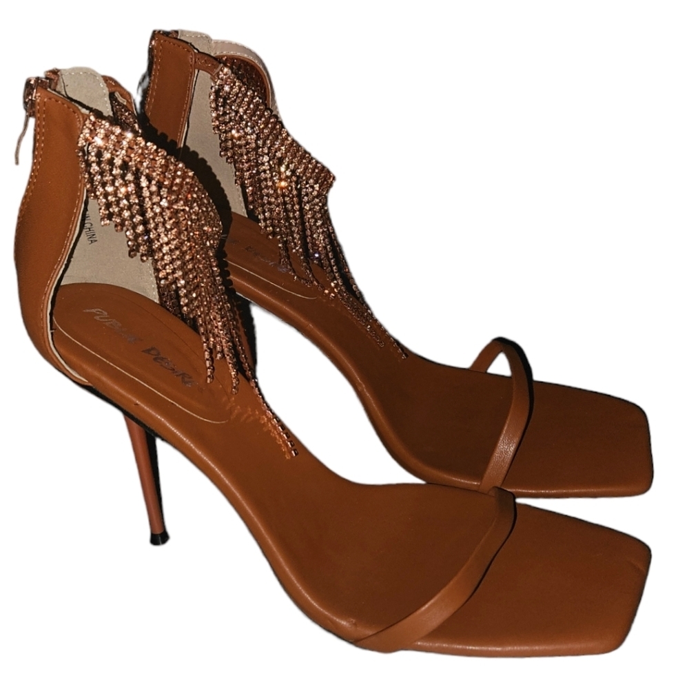 NWOT Public Desire Rhinestone Tassel Ankle Strap Skinny Heels - Picture 4 of 5
